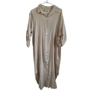 Blanco Womens XXL Tan Cotton Gauze Button Down Shirt Dress Lagenlook Pockets